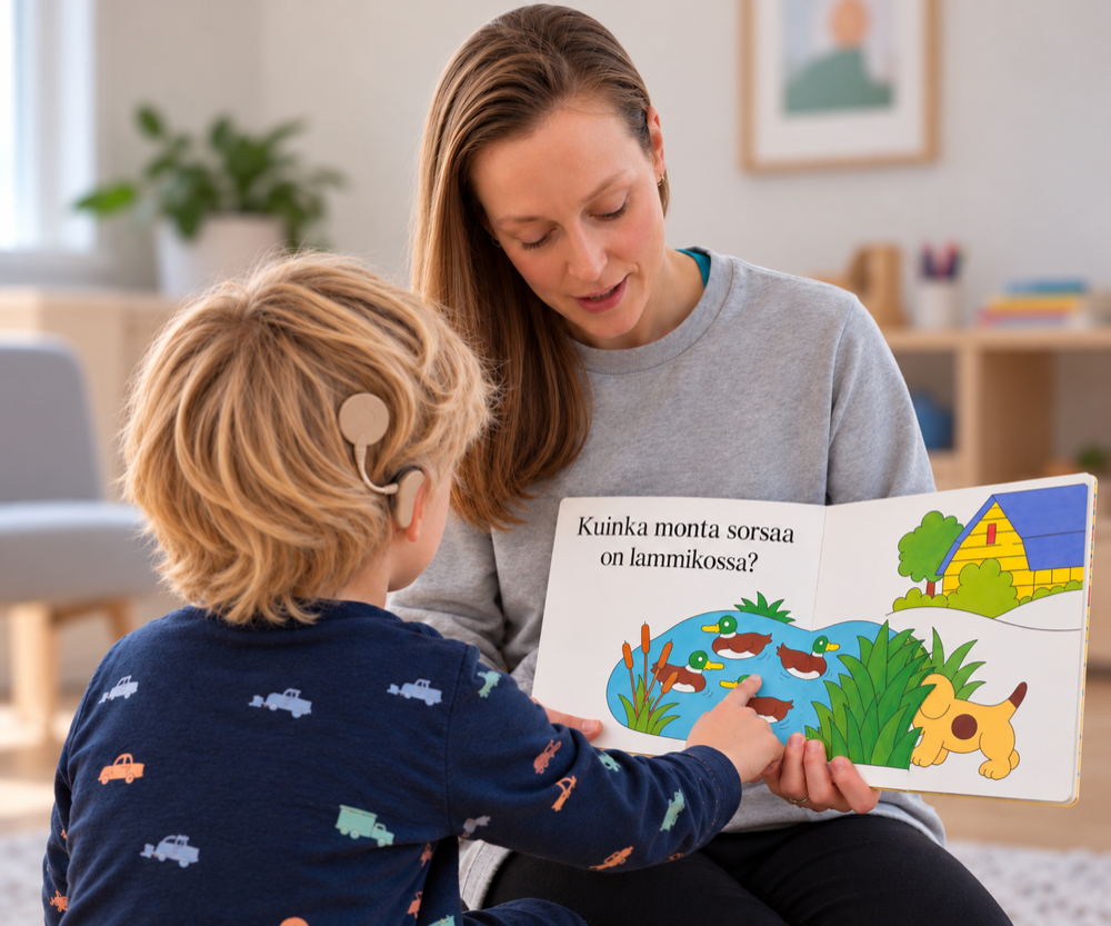 Puheterapeutti ja lapsi katsovat yhdessä kuvakirjaa terapiahuoneessa.